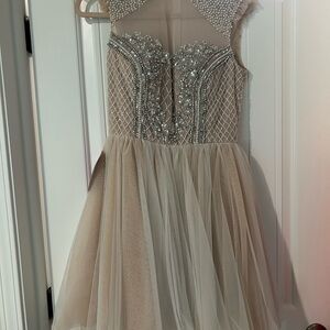 NWT Jovani Nude-Beige Beaded Tulle Mini Dress